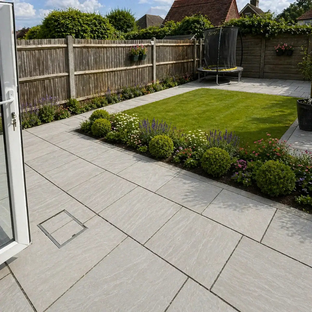 Kandla grey Indian sandstone paving 600 x 600