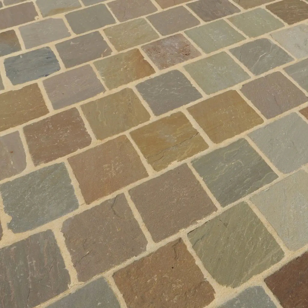 Raj green sandstone cobbles setts 200 x 100 x 40-60