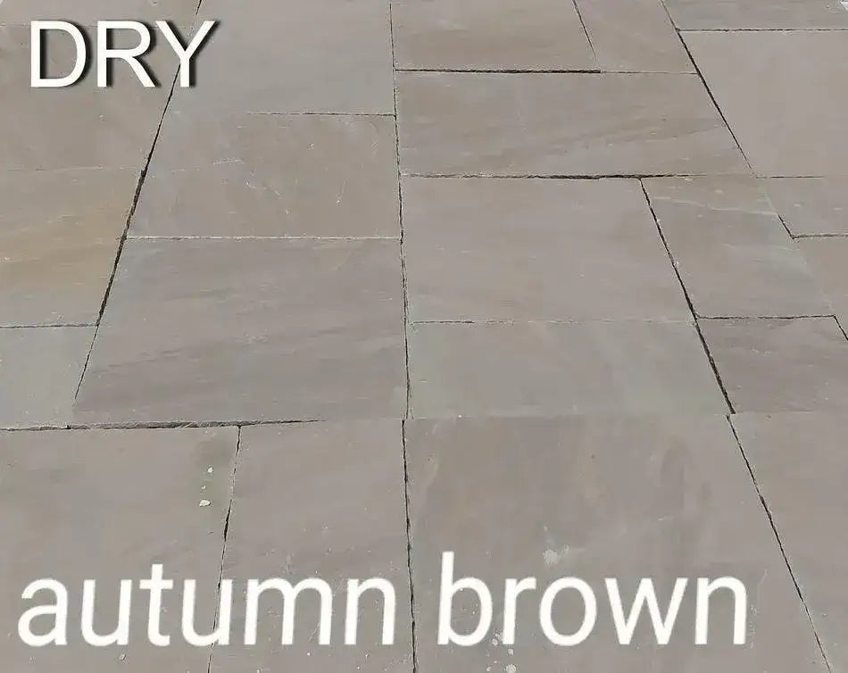autumn brown Indian sandstone paving slabs dry