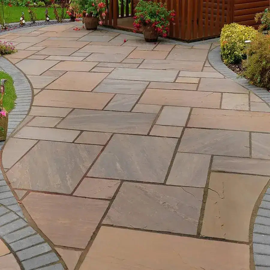 autumn brown Indian sandstone paving slabs patio packs