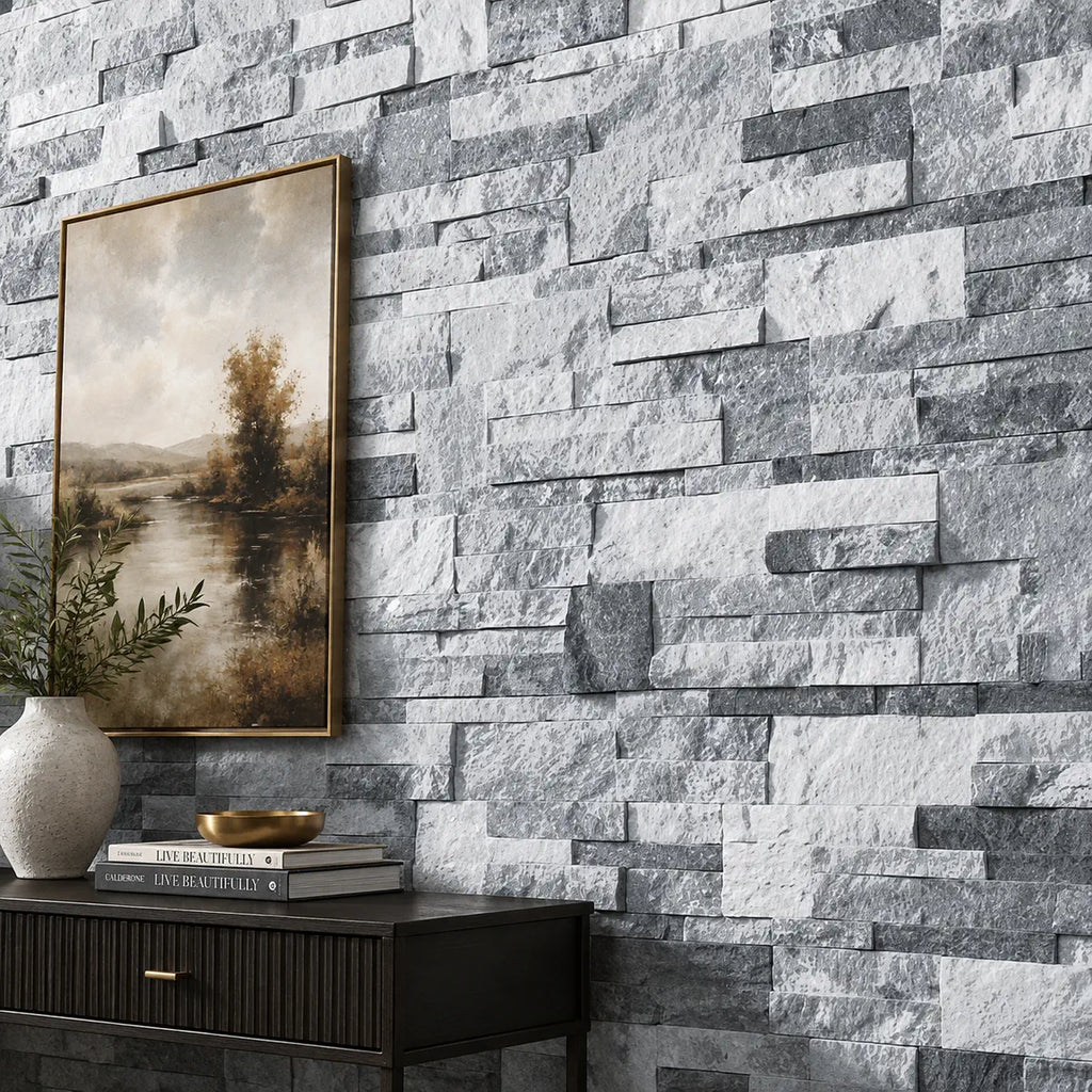 white grey sparkle split face tiles 3D mosaic tiles