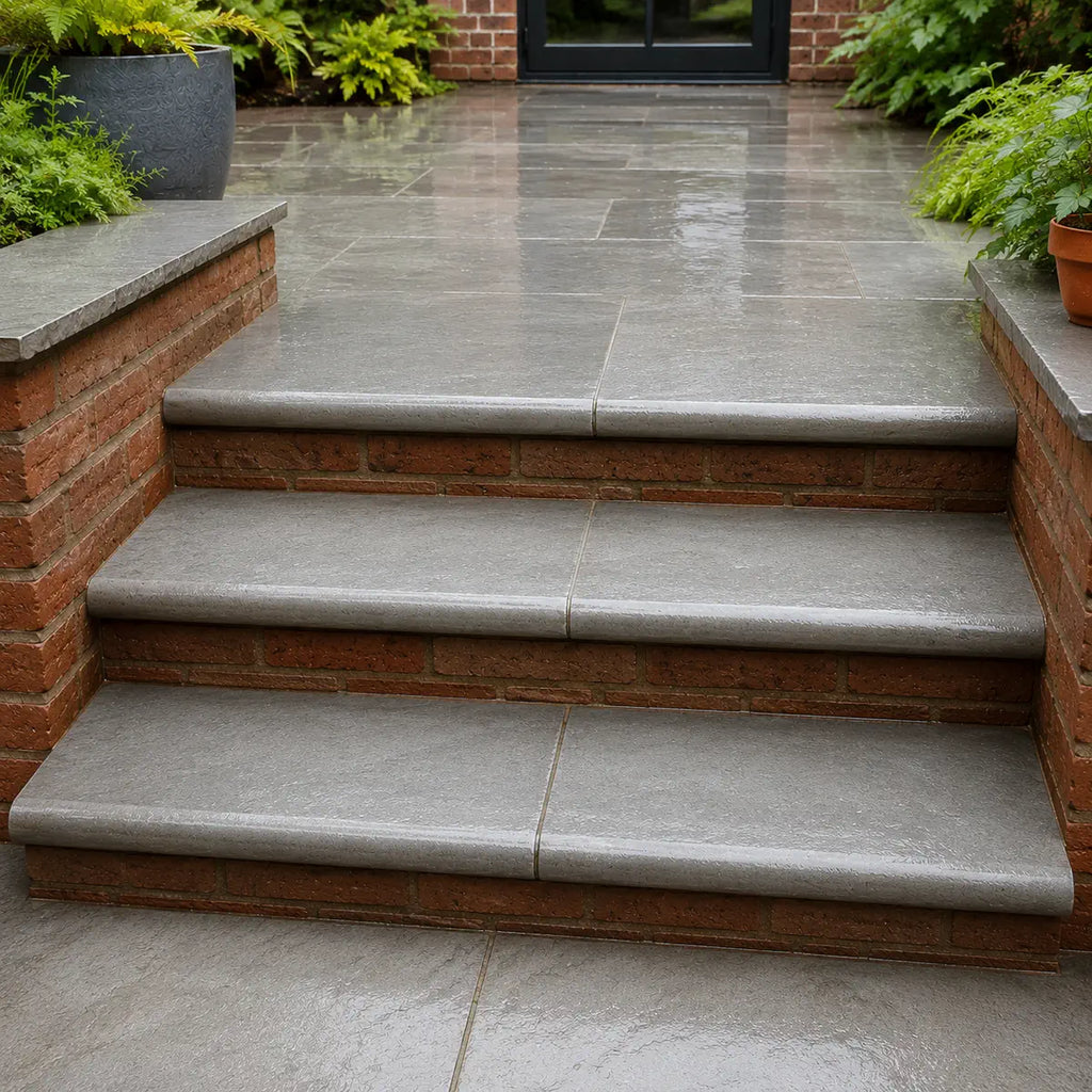 Kandla Grey sandstone bullnose steps riven