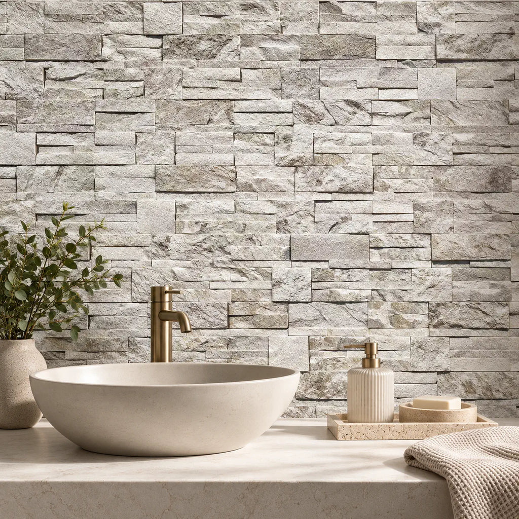 Leaf Trace Snow Marble Split Face Tiles