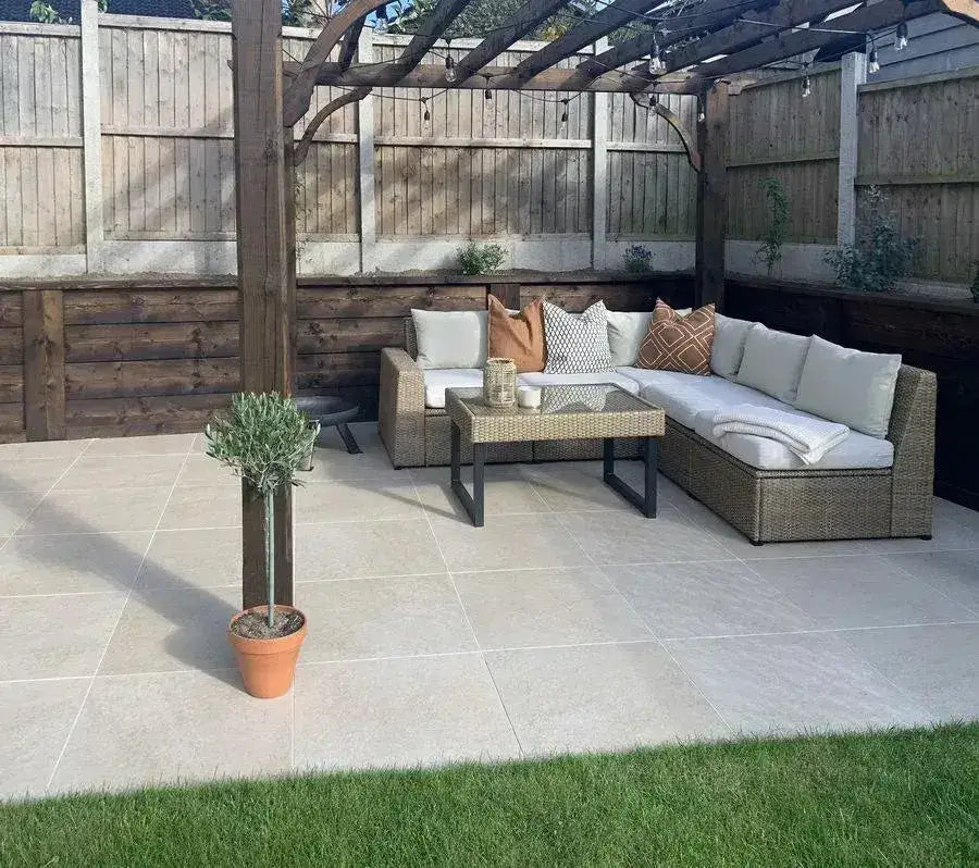 porcelain paving slabs beige patio