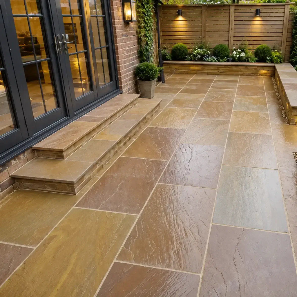 Rippon buff Indian sandstone paving slabs 900 x 600