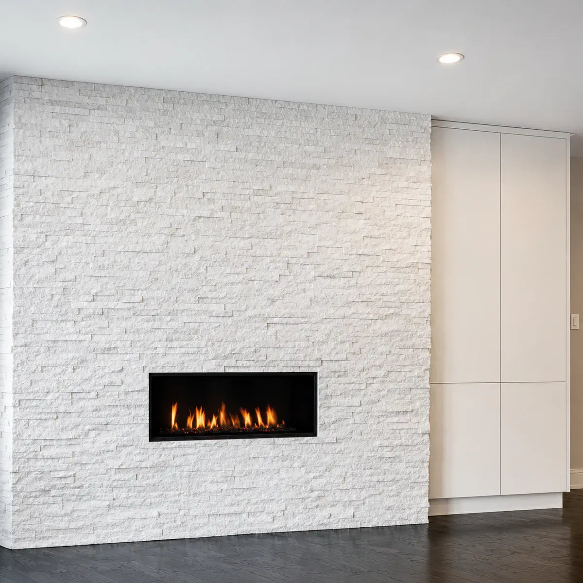 White Sparkle split face tiles around fireplace feature wall