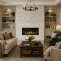 White split face tiles fireplace feature wall