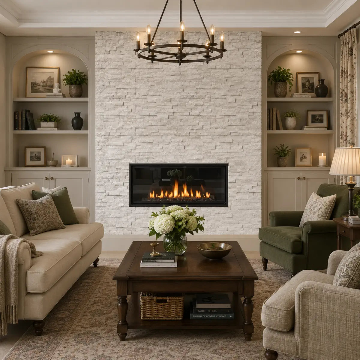 White split face tiles fireplace feature wall